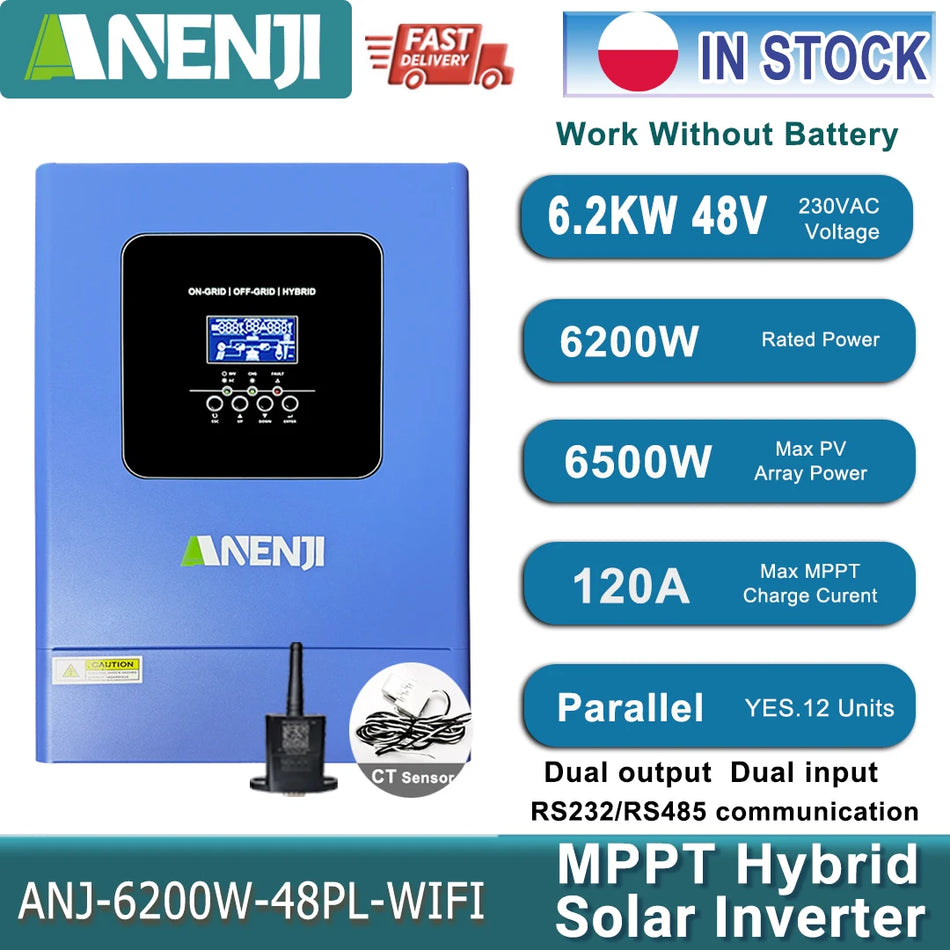 Anenji 6.2KW 48V Hibrit Güneş İnvertörü Dahili MPPT, Saf Sinüs Dalga, Şebekeden Bağımsız ve Şebeke Çift Çıkışlı