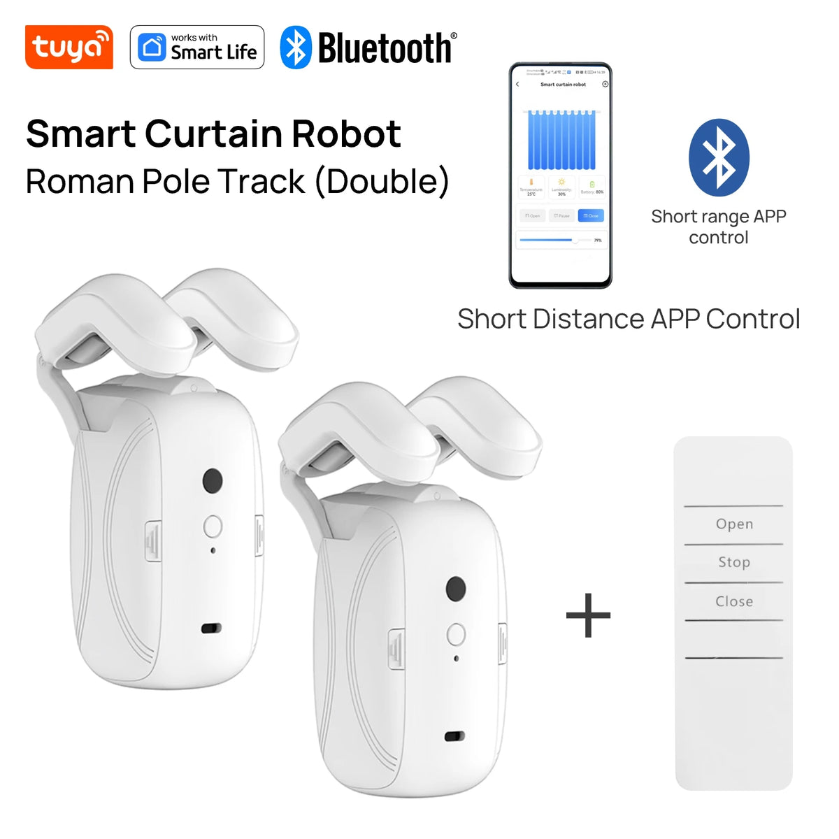 Tuya Smart Curtain Robot ( Roman Rod Track) Bluetooth APP Short Range Control, Timed switch, Pull-to-start, 8KG load capacity 2PCS BLE RC