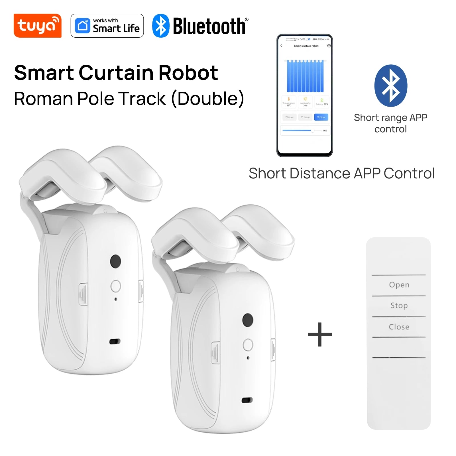 Tuya Smart Curtain Robot ( Roman Rod Track) Bluetooth APP Short Range Control, Timed switch, Pull-to-start, 8KG load capacity 2PCS BLE RC