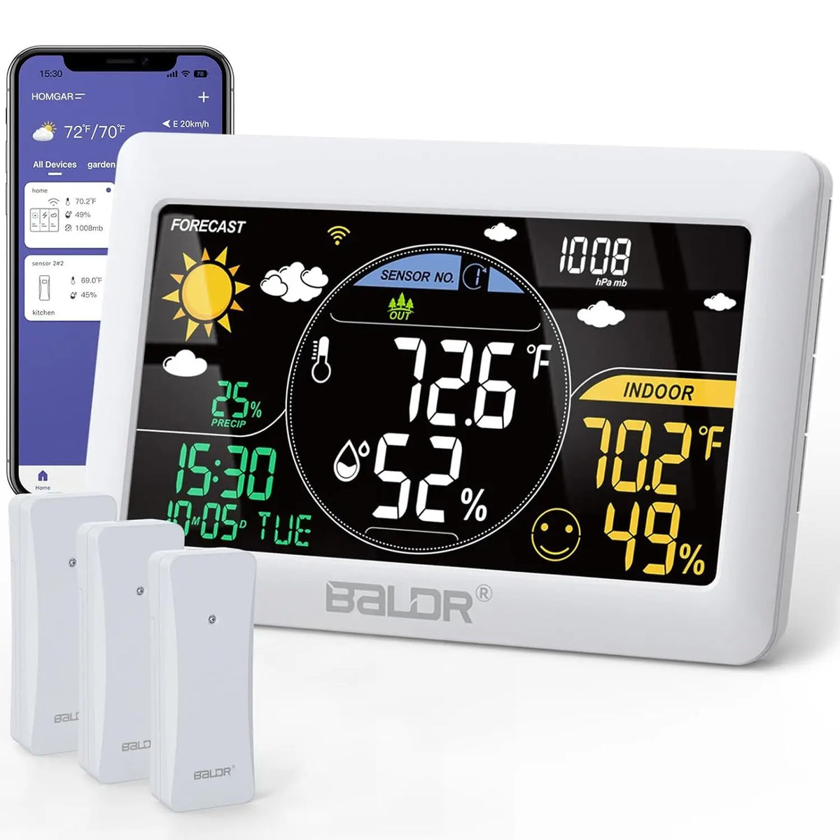 BALDR WiFi Weather Station with App-Controlled Indoor/Outdoor Monitoring White 3 Sesors