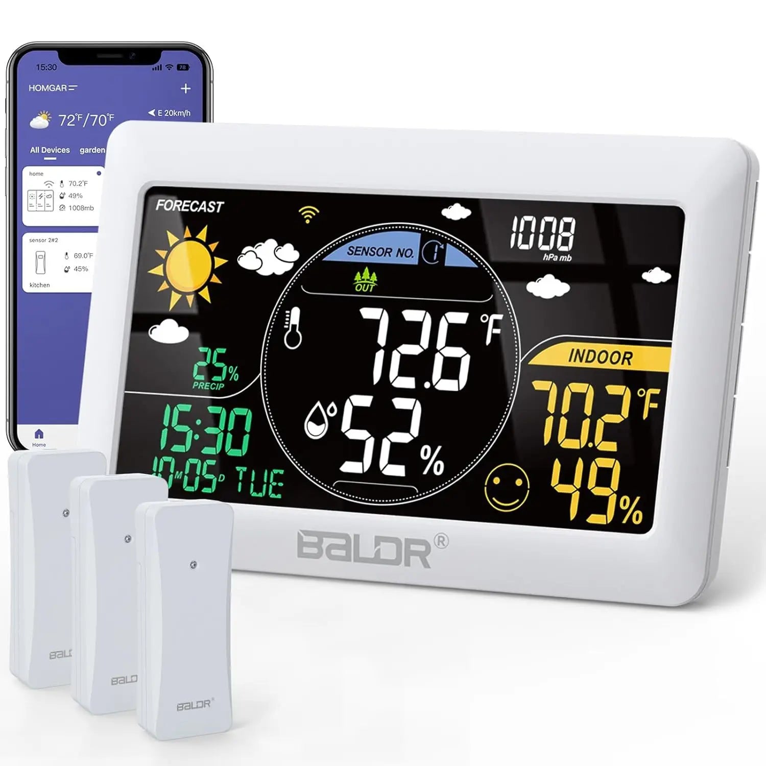 BALDR WiFi Weather Station with App-Controlled Indoor/Outdoor Monitoring White 3 Sesors