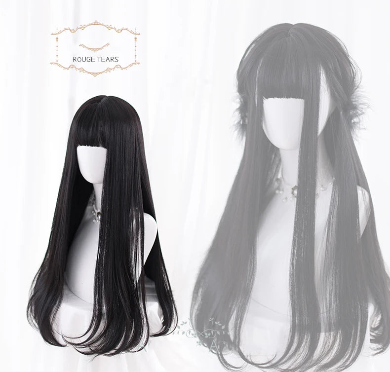 Long Straight Black Synthetic Wig with Bangs for Cosplay and Everyday Wear