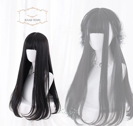 Long Straight Black Synthetic Wig with Bangs for Cosplay and Everyday Wear