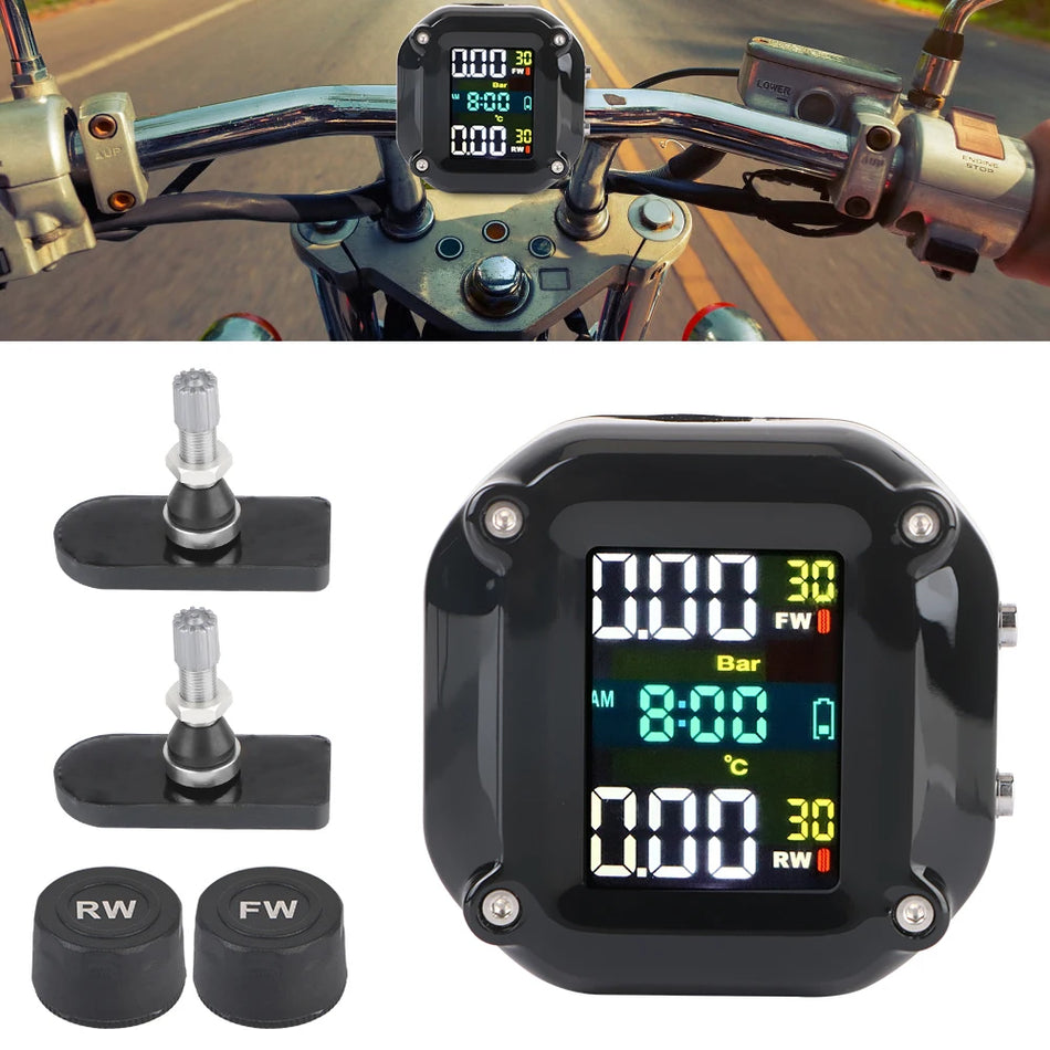 29484 Motorcycle TPMS with Digital Clock and 2 Tire Sensors, IP65 Waterproof