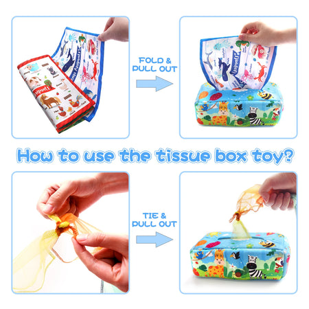 Sensory Montessori Baby Tissue Box Toy 0-18M - Colorful Soft Tissue Pump with Silk Scarves for Toddler Development and Finger Exercise