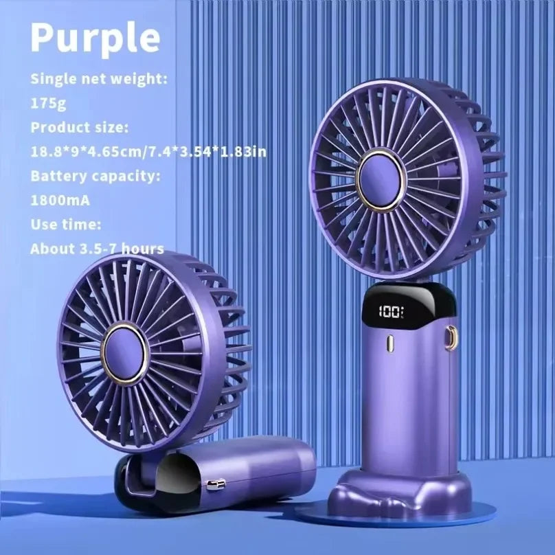 Handheld Fan 3000mAh &ndash; LED Display and USB Rechargeable Purple