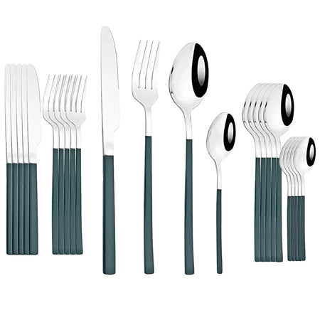 24Pcs Stainless Steel Cutlery Set &ndash; Eco-Friendly Dinnerware for Six Green Silver