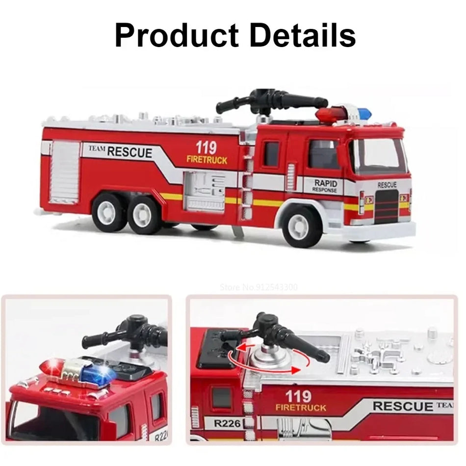 Mașină de pompieri din metal diecast 1:32 cu lumini și sunete, cu caroserie din aliaj și anvelope din cauciuc.