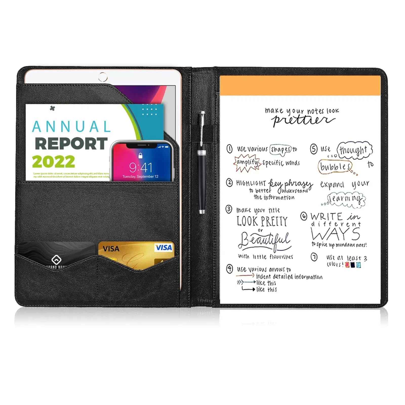 PU Leather A4 Multifunctional Conference Folder Pockets Black