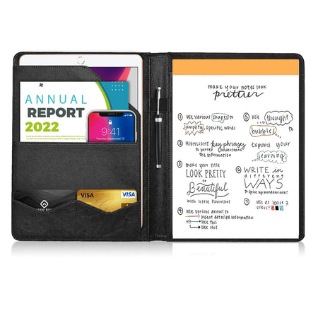 PU Leather A4 Multifunctional Conference Folder Pockets Black