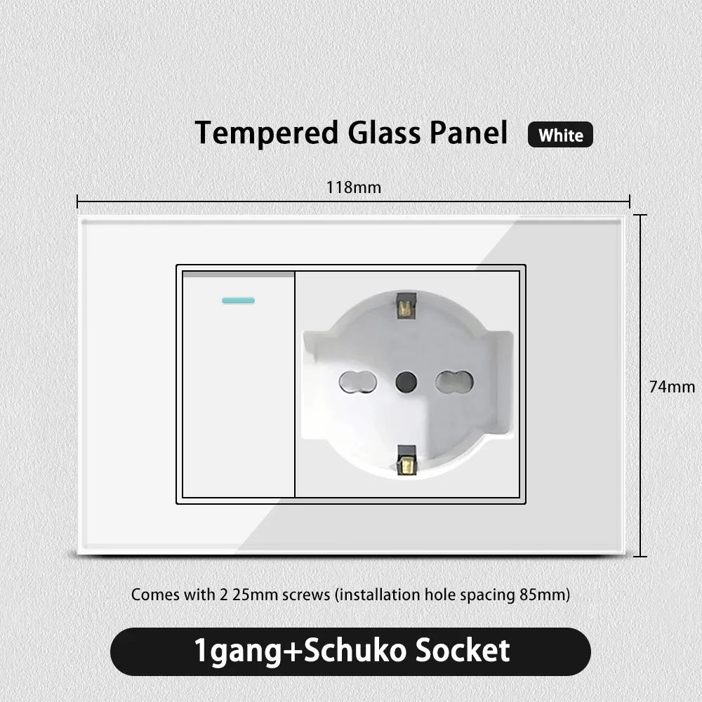 White Glass USB TypeC Wall Socket &ndash; Smart WiFi Switch Glass White / 1gang Schuko Socket