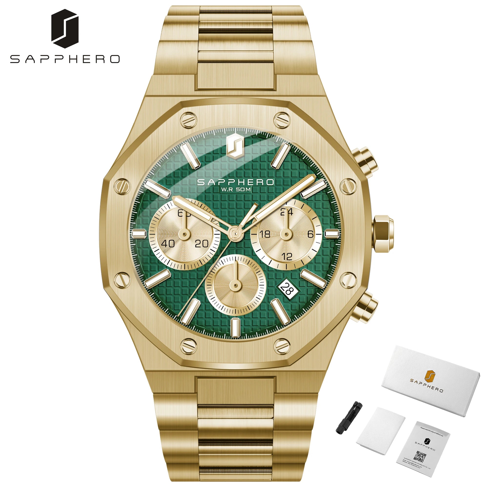 SAPPHERO Men's Watch &ndash; Waterproof Chronograph With Date Golden-green