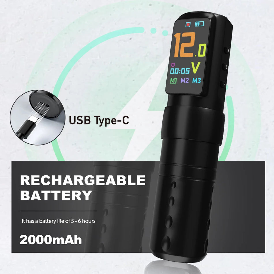 OZER Trådløs Tattoo Pen Sæt Tre Tilstande 1800mAh 4mm Slag