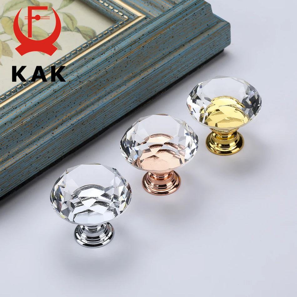 KAK 30mm Diamond Crystal Glass Knobs And Handles Gold Base