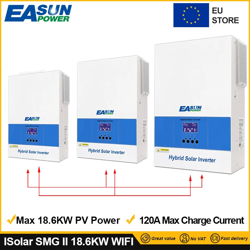 EASUN 18.6KW Ηλιακός Αντιστροφέας με Παράλληλη Είσοδο ΦΒ 500VDC, MPPT 120A, Καθαρό Ημιτονοειδές Ρεύμα, WiFi BMS, Εκτός Δικτύου