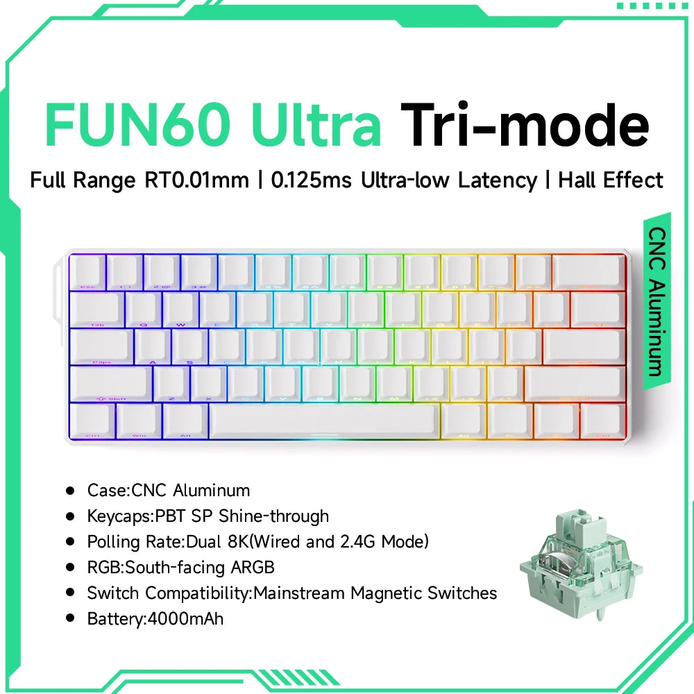 Akko MonsGeek FUN60 Ultra Mechanical Gaming Keyboard &ndash; Rapid 8K Trigger with Magnetic Switch Ultra White Tri-mode