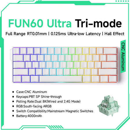 Akko MonsGeek FUN60 Ultra Mechanical Gaming Keyboard &ndash; Rapid 8K Trigger with Magnetic Switch Ultra White Tri-mode