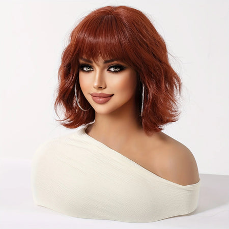 ALAN EATON Auburn Short Wavy Wig with Bangs - Heat Resistant Red Brown Hair for Cosplay and Parties