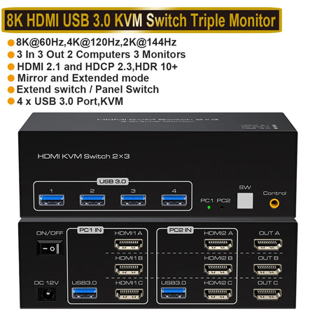 Navceker 8K 60Hz Triple HDMI KVM Switch &ndash; Seamless Multi-Monitor Control ZY-ASW231 / US Power Plug