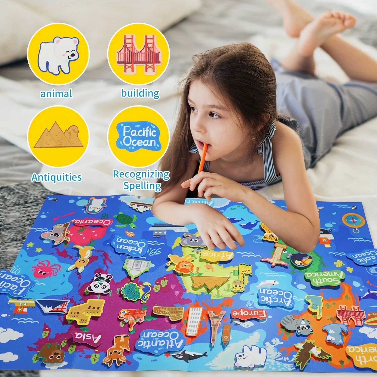 World Map Children's Felt Board Toy Set 45pc &ndash; Map Learning