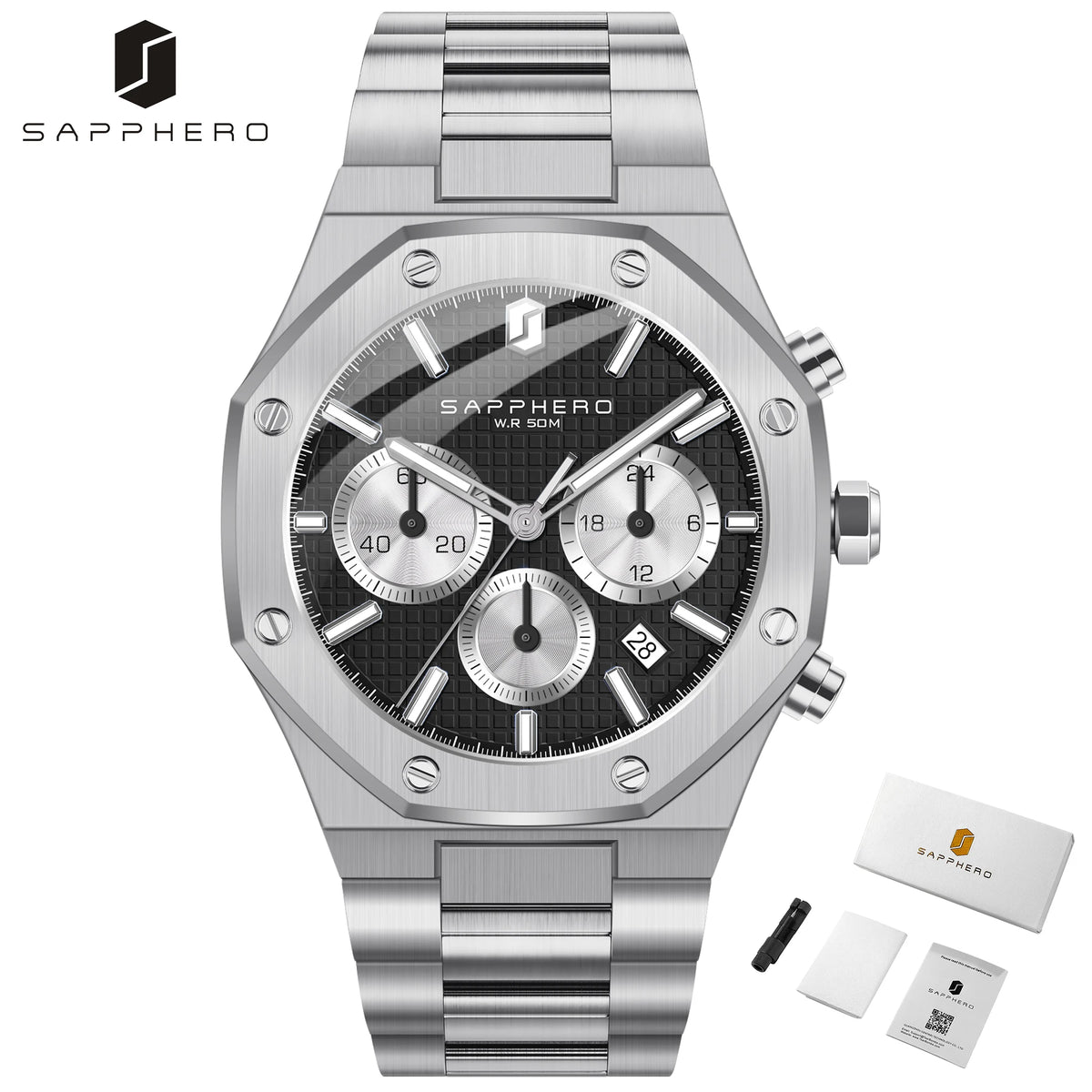SAPPHERO Men's Watch &ndash; Waterproof Chronograph With Date Silver-black
