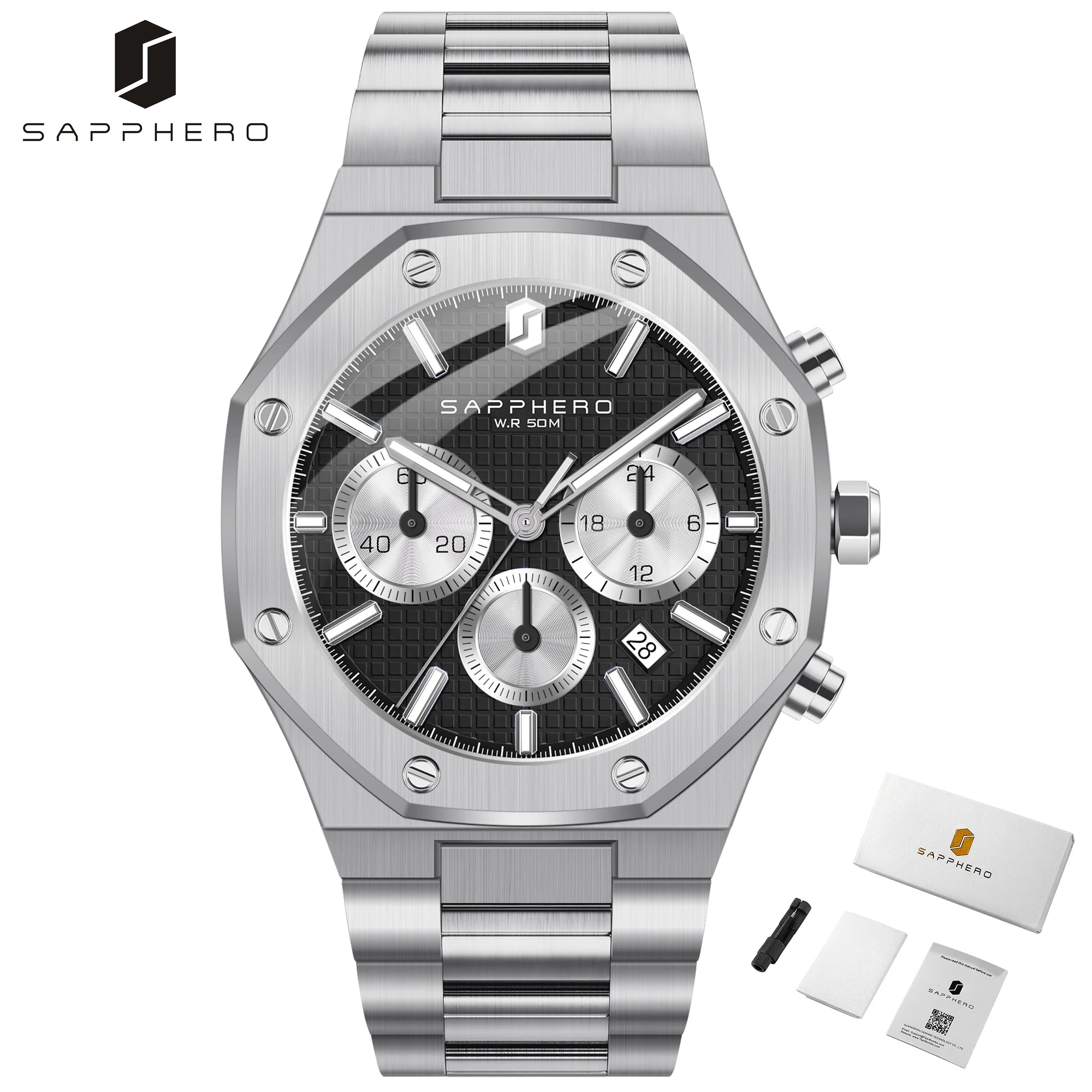 SAPPHERO Men's Watch &ndash; Waterproof Chronograph With Date Silver-black