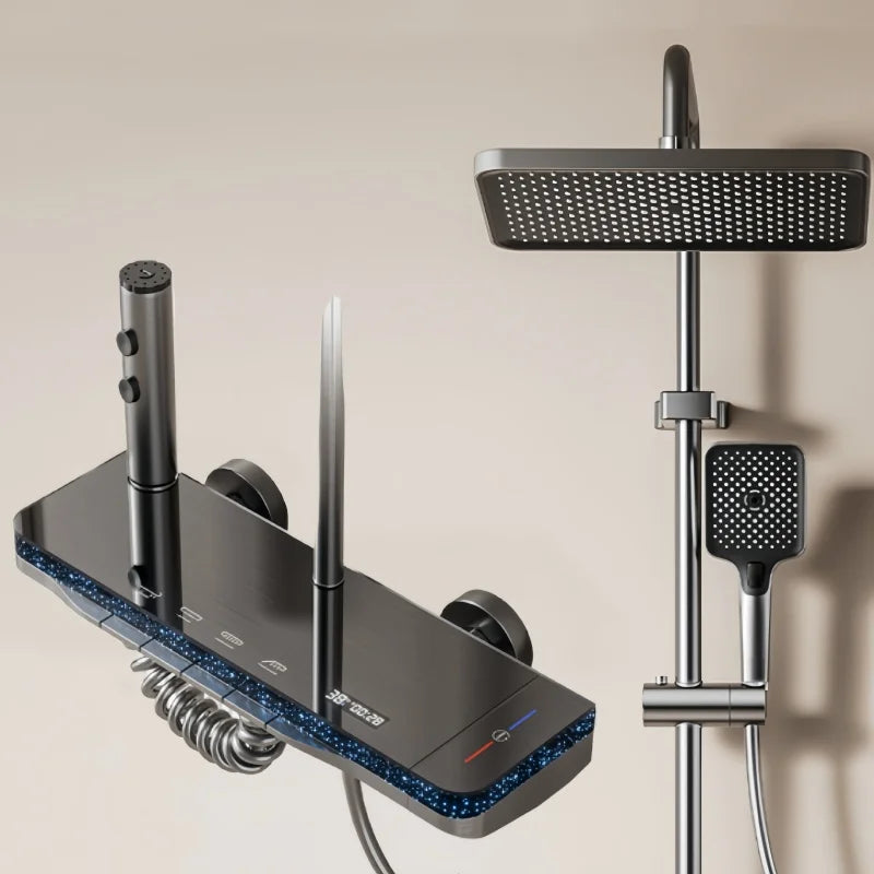 Sada sprchové baterie s displejem teploty, mosazný chromový povrch, čtyřfunkční čtvercový systém