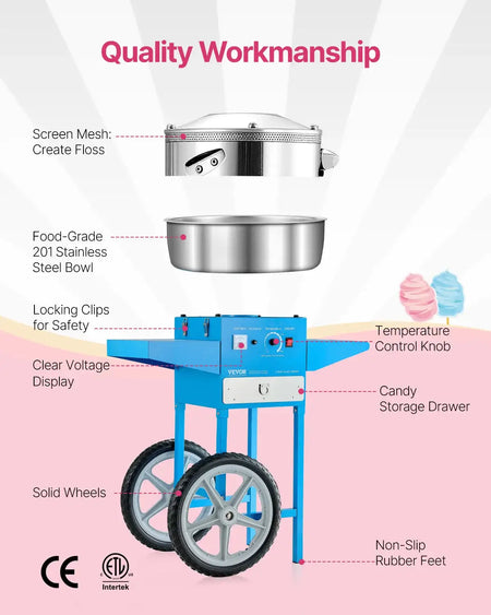 Cotton Candy Machine With Cart And Stainless Bowl
