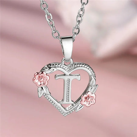 Charming Silver A-Z Letter Flower Pendant Necklace for Women T