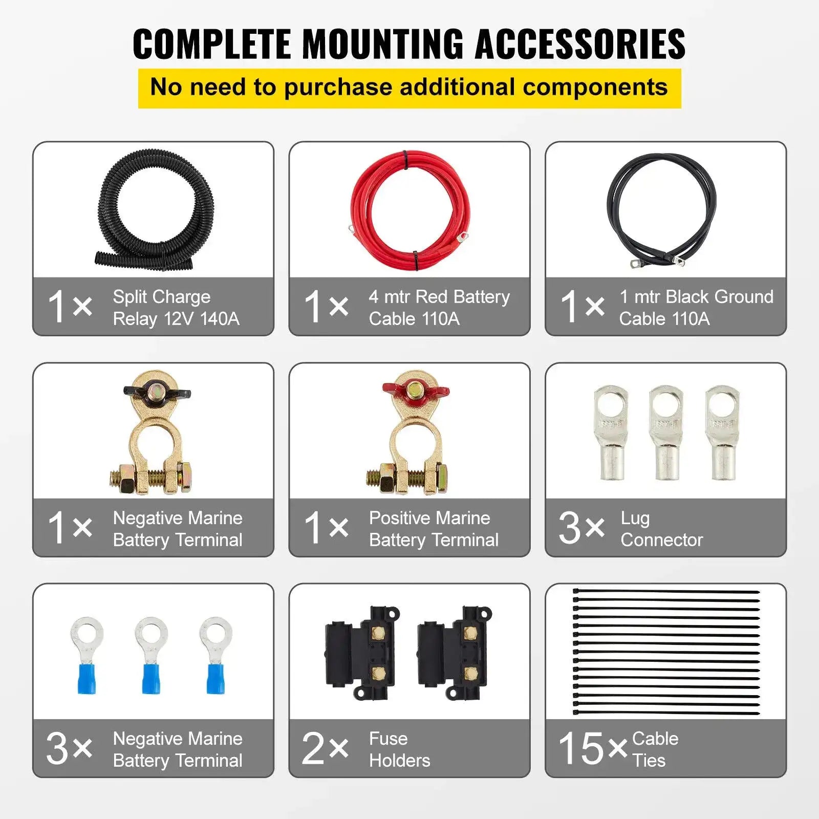 Split Charge Relay Kit 12V 140A - High Current 4 mtr Battery Cable / spain