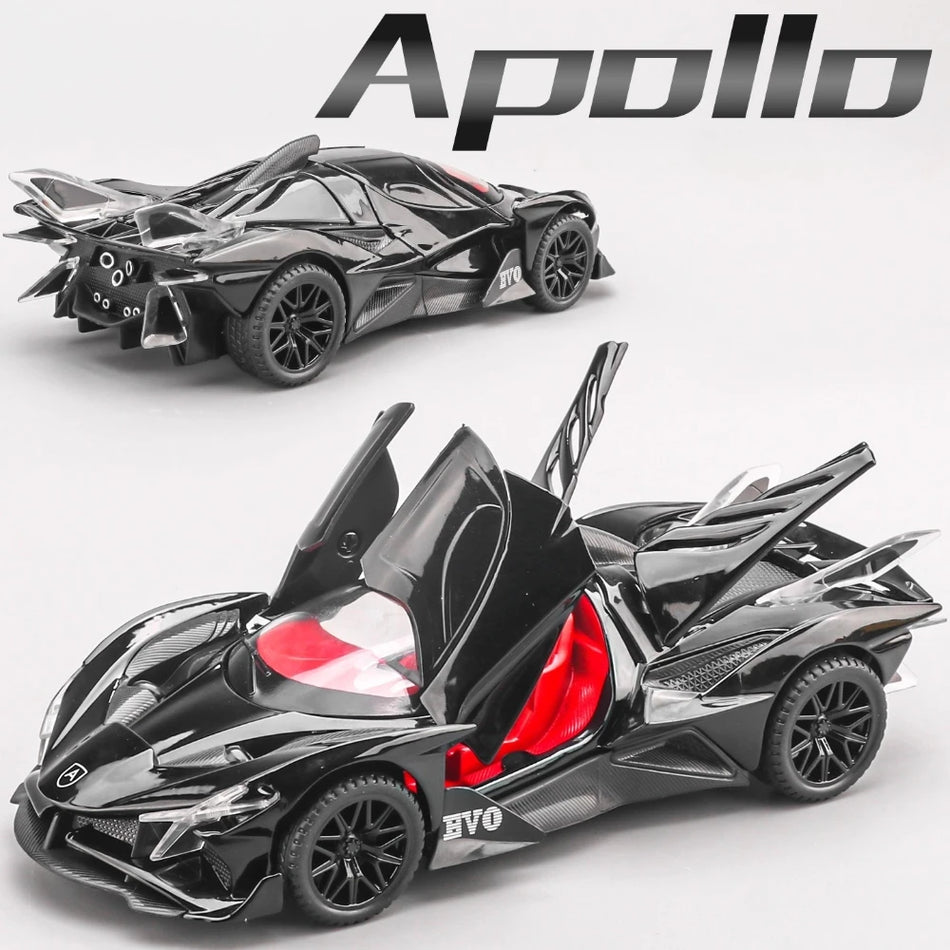 Modelo de coche a escala Diecast con retroceso, luces y puertas que se abren para Apollo EVO IE