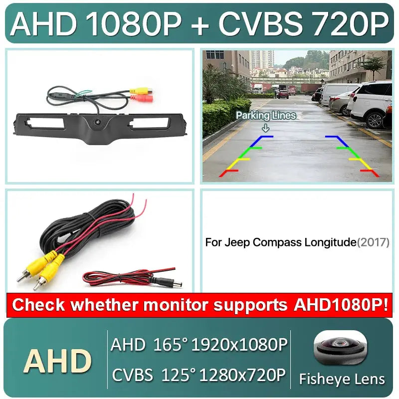 1080P AHD 170 Degree Rear View Camera for Jeep Compass 2017-2019 with Dynamic Trajectory Trunk Handle Fit with Android Units by InterCyprus Trading Ltd