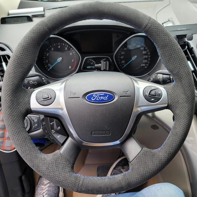 Couvre-volant en suède noir cousu à la main pour Ford Focus Kuga