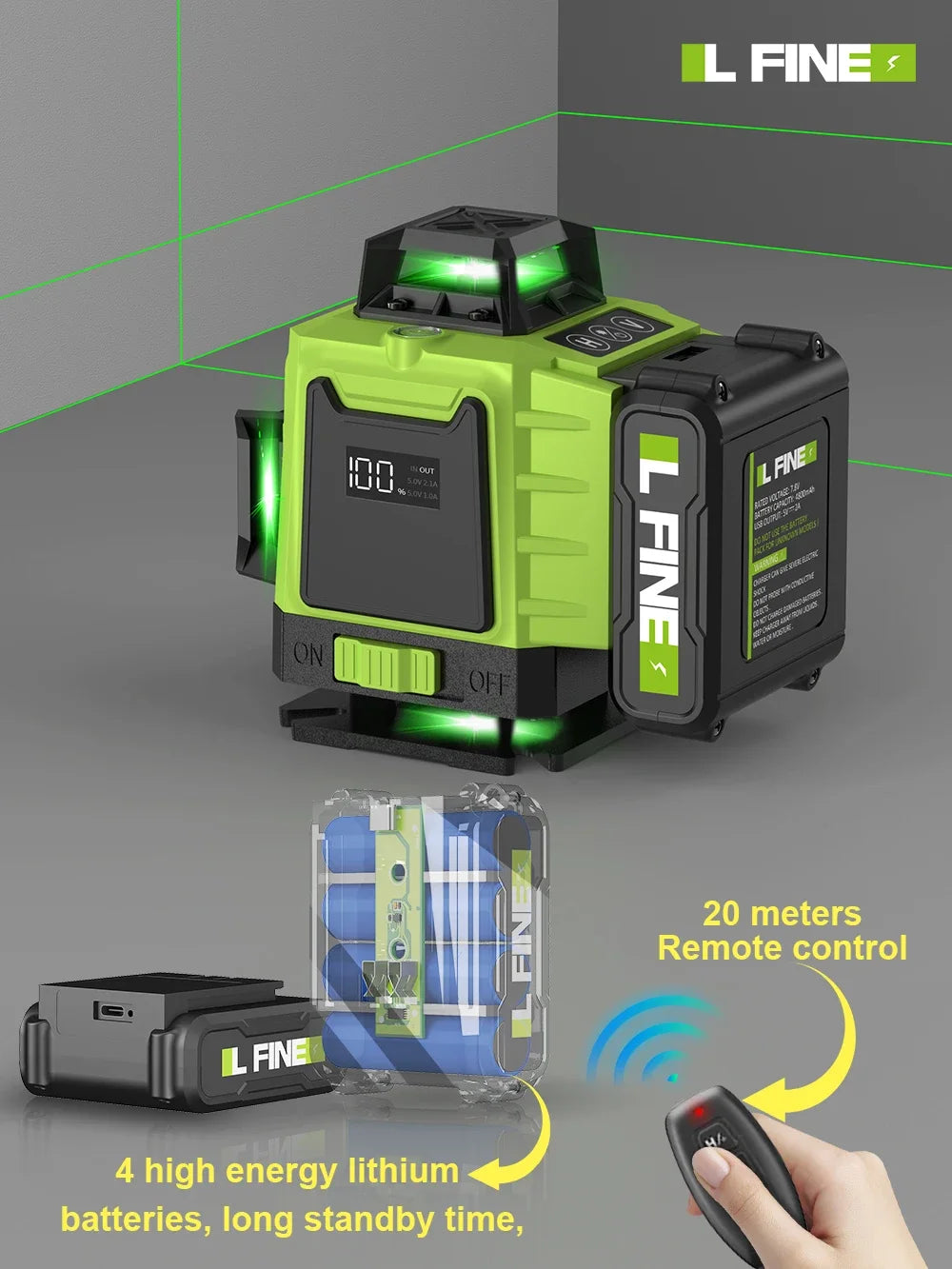 LFINE 3D/4D Laser Level - 12/16 Lines with Remote &amp; 360&deg; Self-Leveling