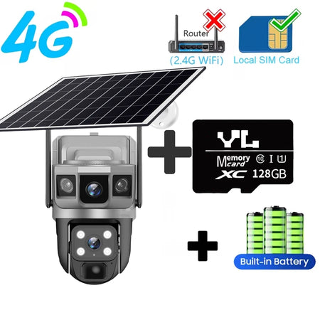 V380Pro 12 MP Solar 4G IP Camera Security CCTV Three Screen Auto Tracking Outdoor waterproof 6K Security Surveillance PTZ Camera 4G Cam 128G Card