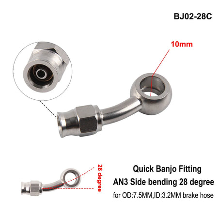 AN3 Motorcycle Hydraulic Brake Oil Hose Line Banjo Fitting M10x1 &ndash; Durable Stainless Steel Construction side bend 28 degree