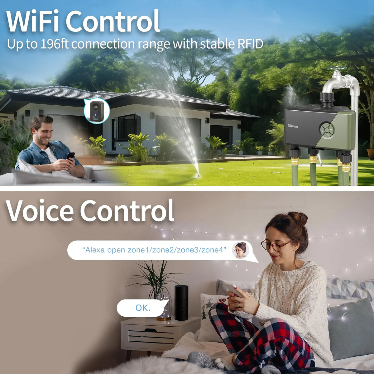 Diivoo Garden WiFi Water Timer - 4 Zone Smart Irrigation Controller with Rain Delay & Alexa Compatibility