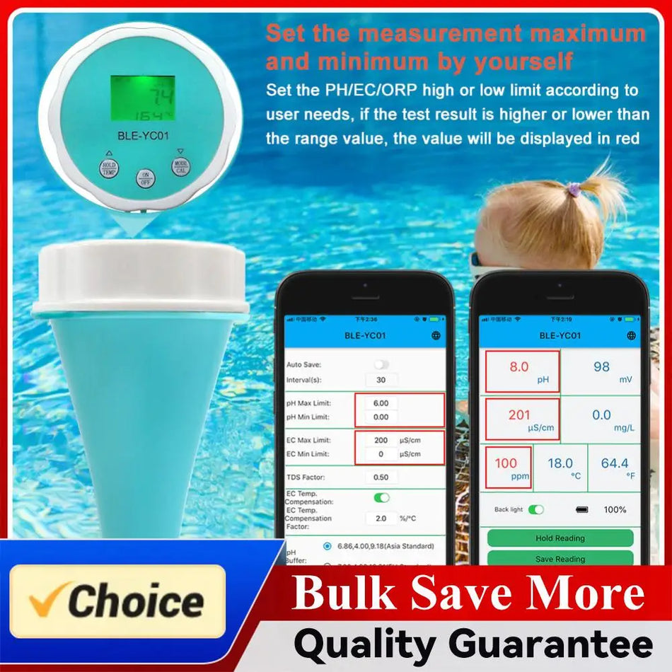 6 In 1 Smart Chlorine Meter Solar & USB Charging Water Quality Tester Bluetooth PH/ORP/EC/TDS/Temp/CL/Salt Test Meter Pool Tool