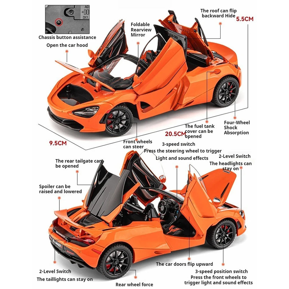 1:24 Diecast Senna 720S športni avto igrača model z lučmi in zvokom, vrata se odpirajo