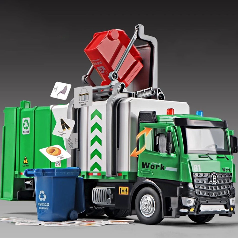 Camion de gunoi din metal diecast pentru DUFFDUN 1:24 cu sunet și lumini