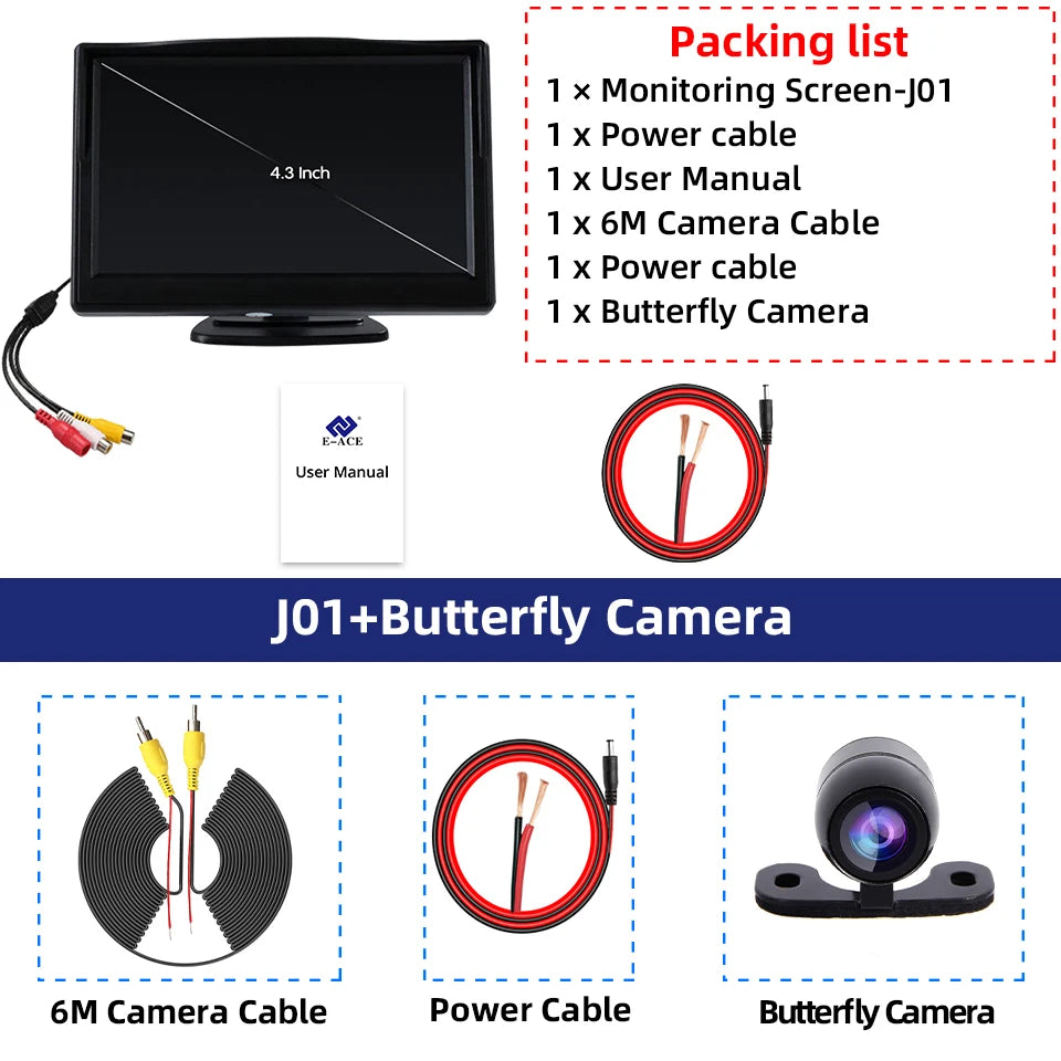 E-ACE Rear View Camera Kit &ndash; Night Vision DVR Waterproof J01-AHD Camera