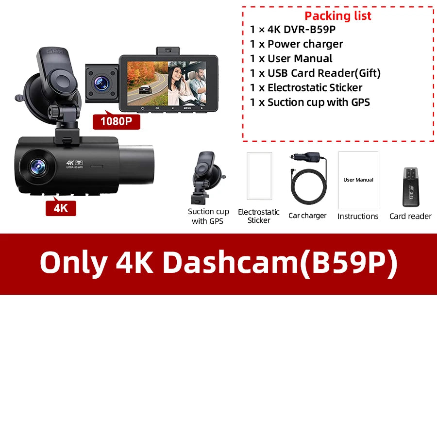 ACCEO 4K Dashcam Auto 3 Channel Car DVR &ndash; WiFi GPS Parking Only 4K Dashcam B59P / 128G