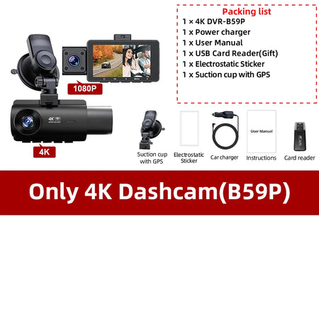 ACCEO 4K Dashcam Auto 3 Channel Car DVR &ndash; WiFi GPS Parking Only 4K Dashcam B59P / 128G