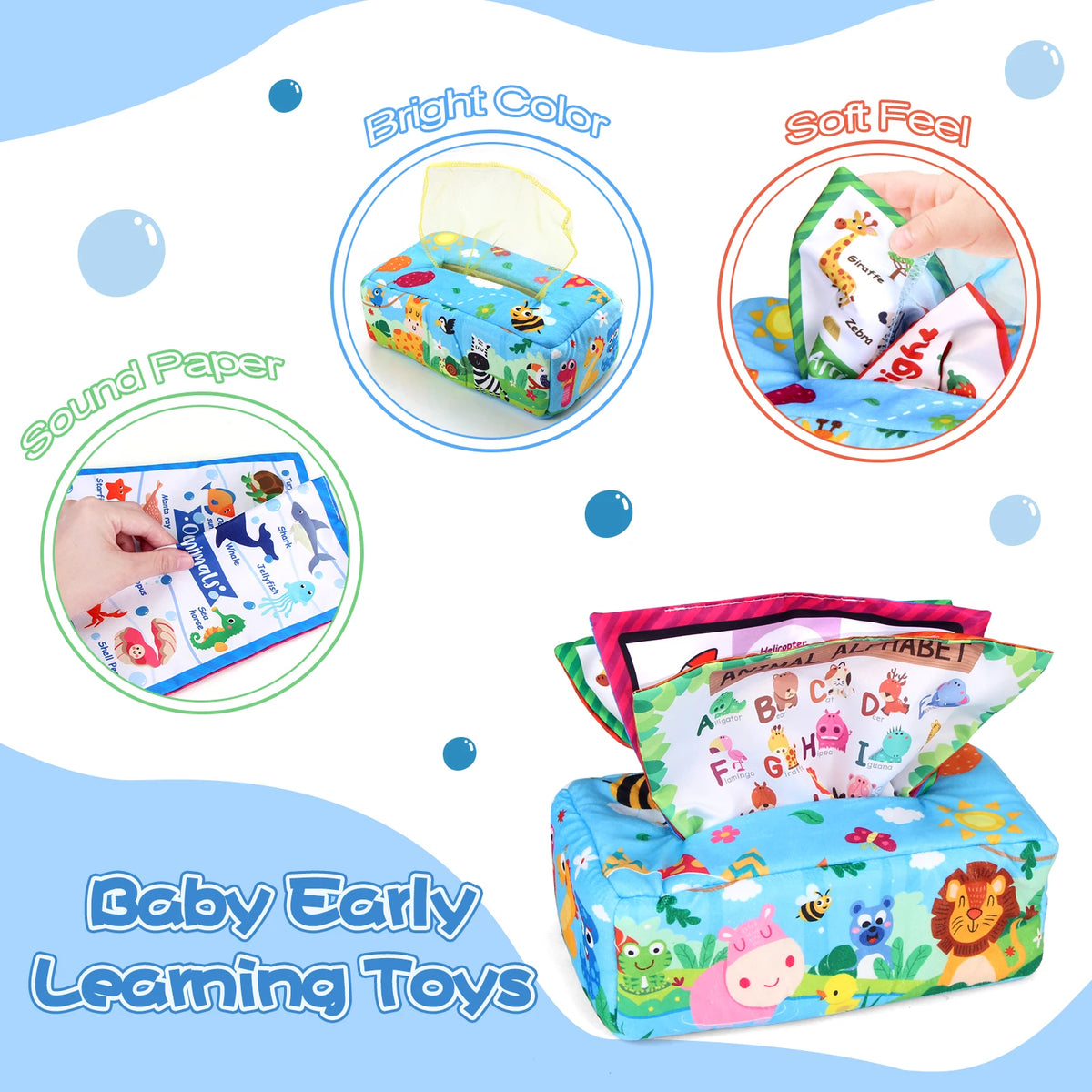 Sensory Montessori Baby Tissue Box Toy 0-18M - Colorful Soft Tissue Pump with Silk Scarves for Toddler Development and Finger Exercise