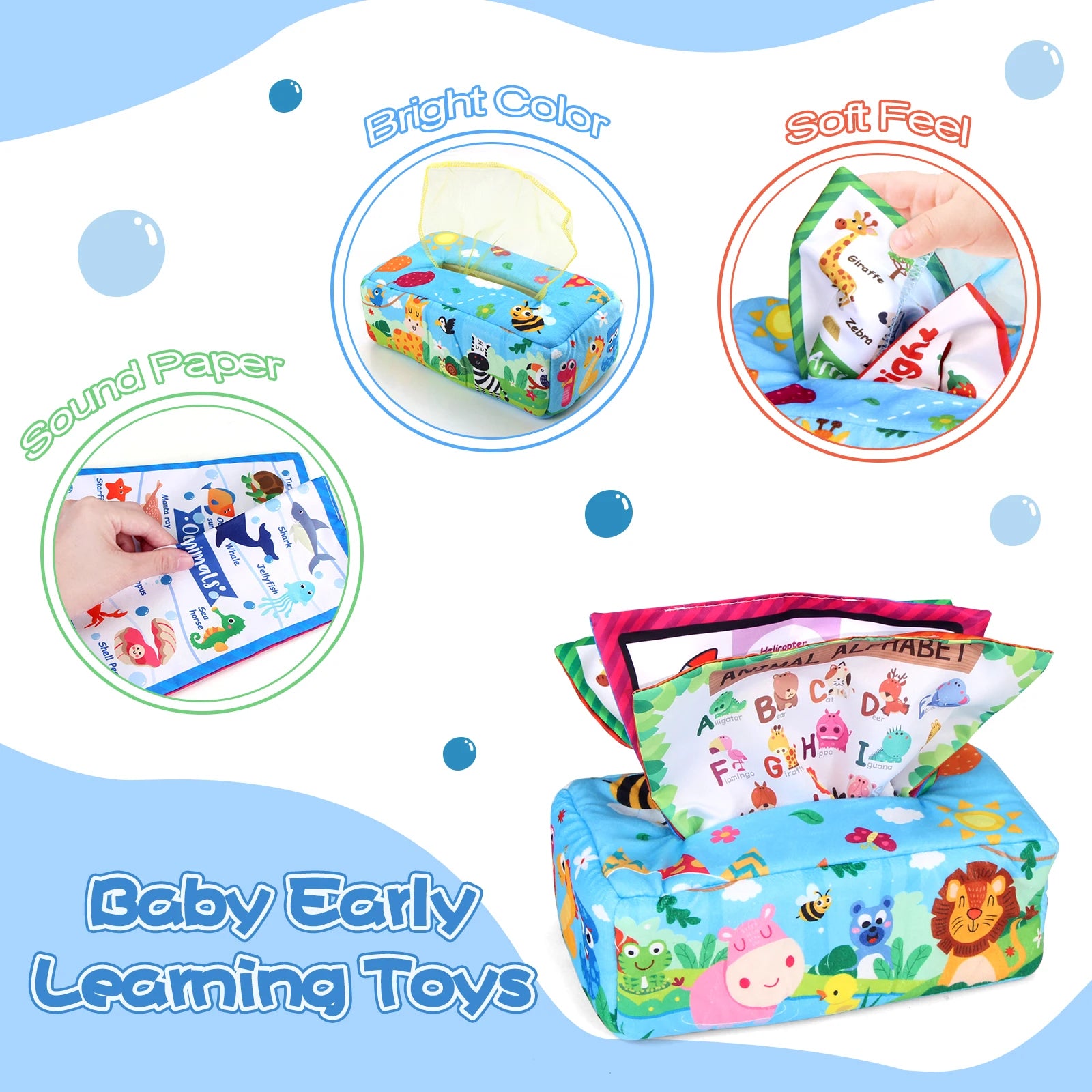 Sensory Montessori Baby Tissue Box Toy 0-18M - Colorful Soft Tissue Pump with Silk Scarves for Toddler Development and Finger Exercise