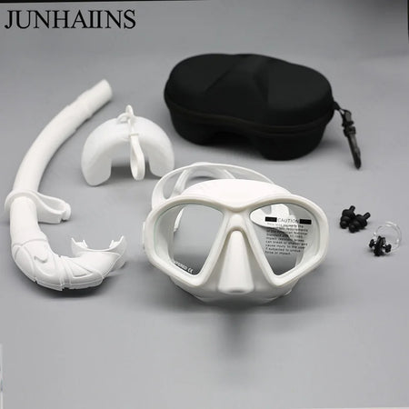 JUNHAIINS Tempered Glass Freediving Mask with Foldable Snorkel &amp; Camera Mount WHITE SET