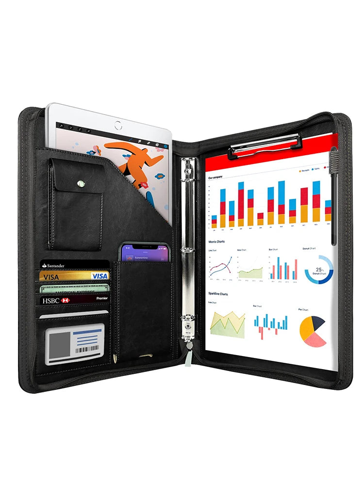 Multifunctional A4 Conference Folder | Leather Document Organizer 2024 black 3 Ring
