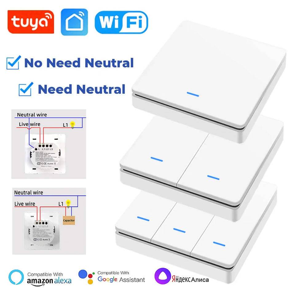 Tuya Smart WiFi Wall Light Switch &ndash; Push Button Control with/No Neutral Wire