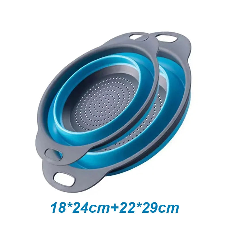 2PCS Silicone Folding Colander Kitchen Strainer - Foldable &amp; Eco-Friendly Blue-Round 2PCS / 18x24cm 22x29cm