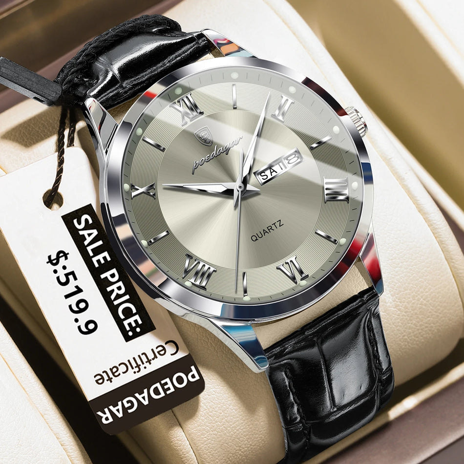 POEDAGAR Luxury Leather Quartz Watch for Men, Waterproof, Luminous Date and Day
